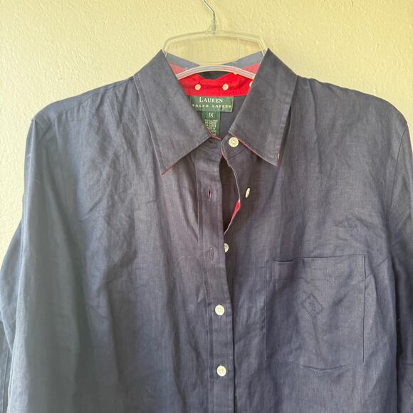 Lauren Ralph Lauren LINEN Navy Blue polkadot collar cuffs shirt size 1X - Picture 2 of 9